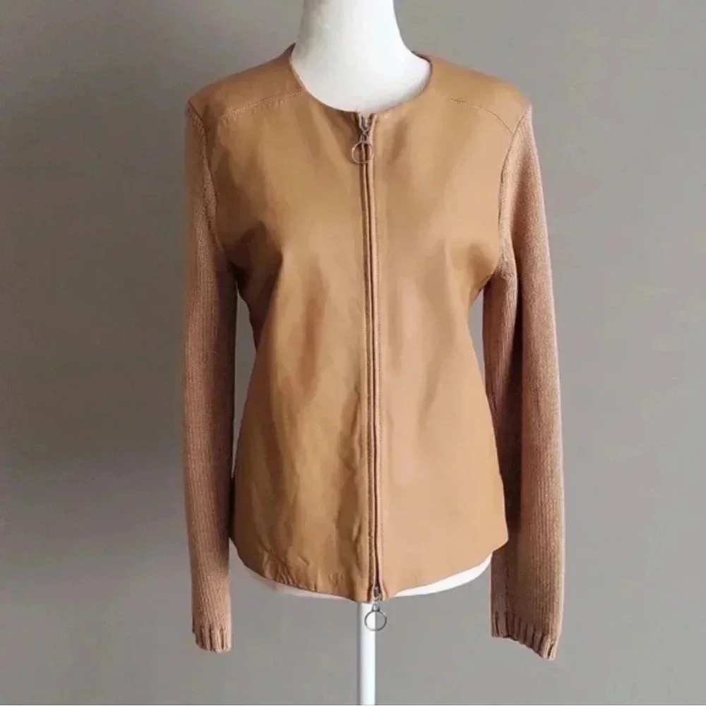 Maurice‎ Sasson Leather Knit Tan Jacket Classic Full Zip Size Medium